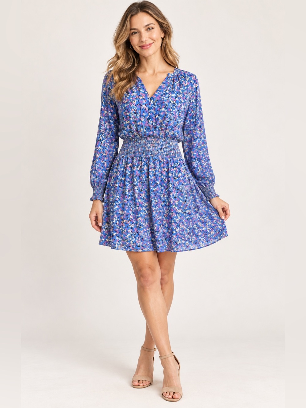 Velvet Heart Blue Floral Smocked Waist Long Sleeve Dress Size M NWT